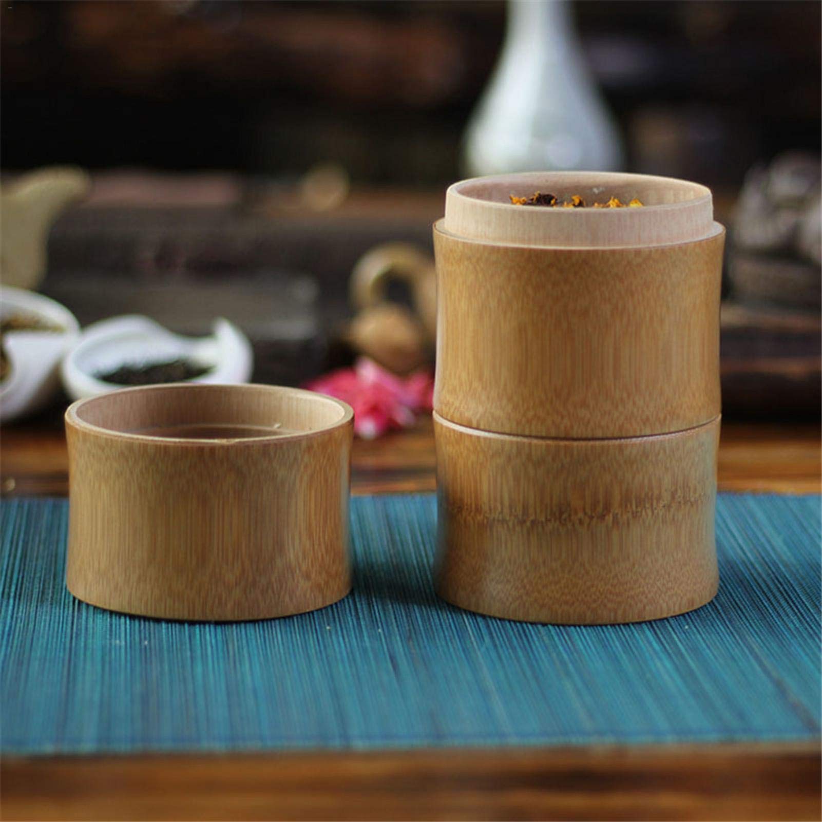 Amazon.co.jp: ポータブル 竹製 茶キャニスター 円形 手作り 茶筒 竹目